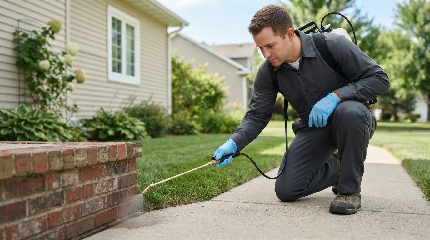 Pest control technician treating a home near La Ward, TX